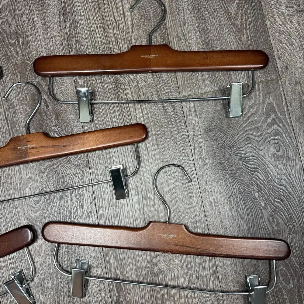 Lot of 5 Michael Graves ClothesHangers Wood & Metal Cinch Clip Pants Skirt
